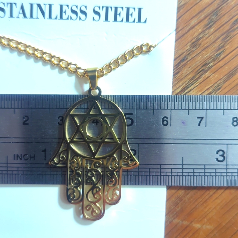 Hamsa aka Hand Of Fatima + Star Of David inset Pendant Necklace - Picture 5 of 7